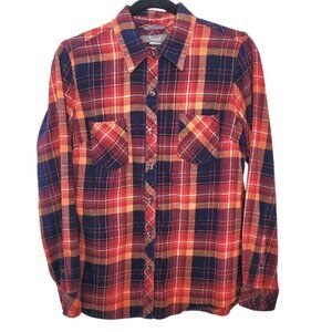 Casual Autumn Plaid 100% Cotton Flannel Shirt women's medium pink/orange/navy